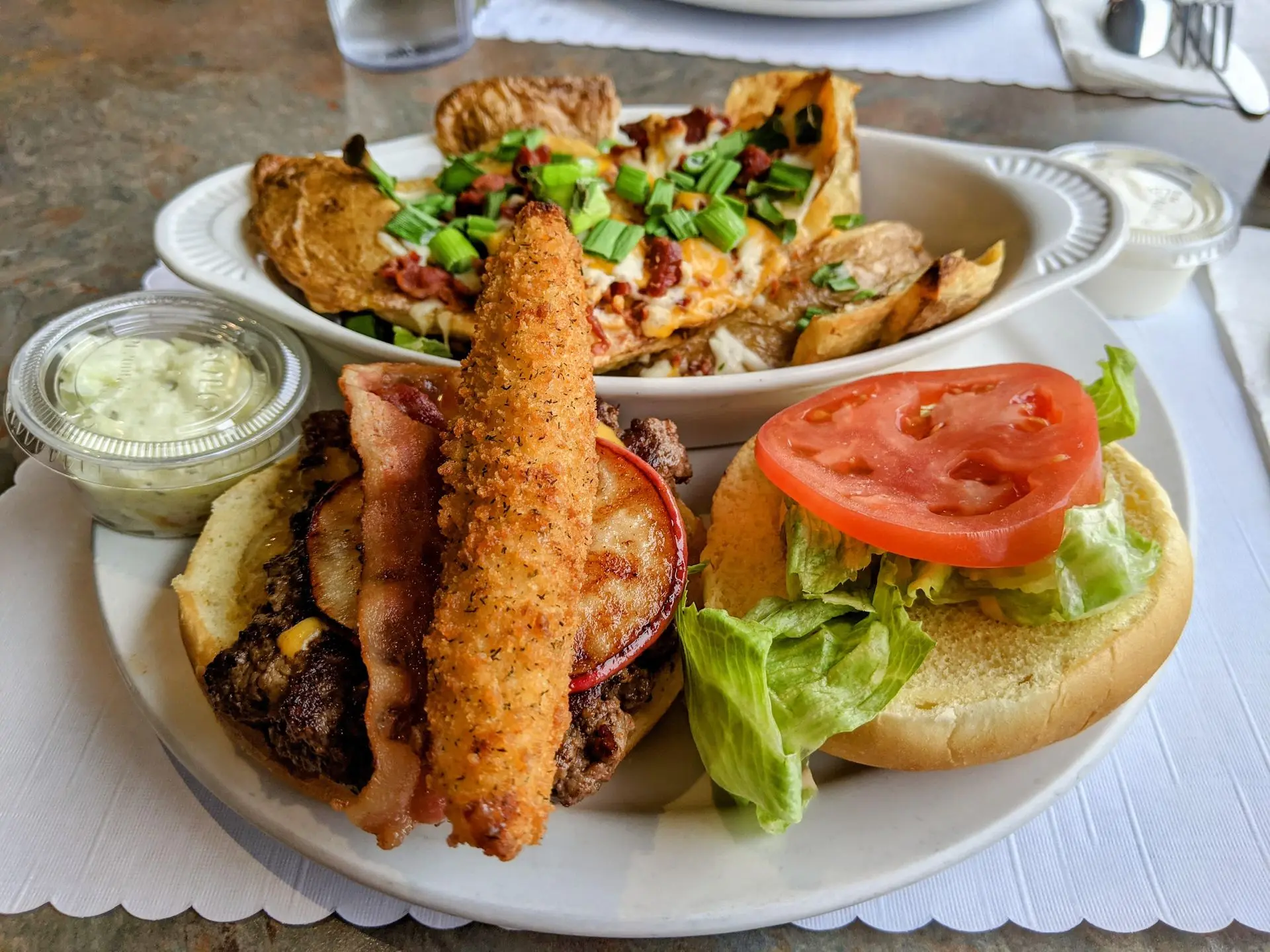 Fish on greens with fries